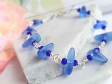 Cobalt Blue Sea Glass Beach Strand Silver Chain Link Bracelet, Beach Fashion