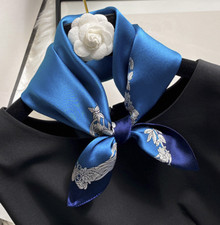 100 Silk 20" small Scarf Women neckerchief Wrap floral blue gray navy ZT167