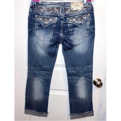MISS ME Distressed Cropped Jeans Sz 32  Blue Bling Embroidered Flap Pockets