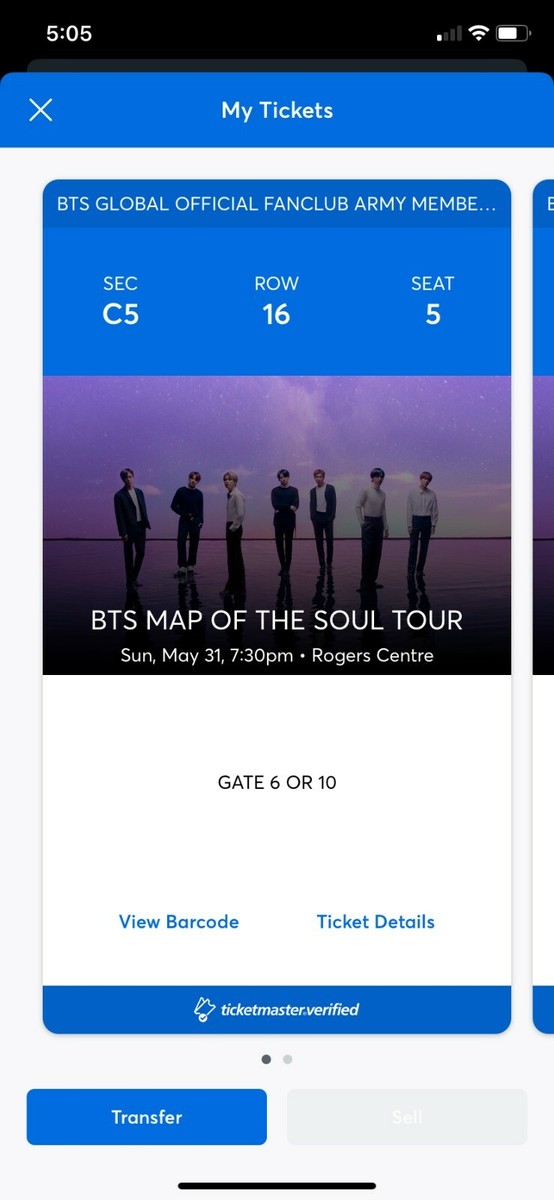 BTS MAP OF THE SOUL TOUR TICKETS SEC C5- TORONTO ROGERS CENTRE (2