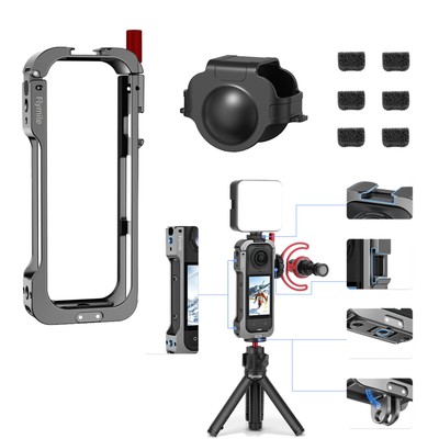 Metal Frame Cage Dual Cold Shoe & 1/4'' Port w/Lens Guards For Insta360 X5 Camera