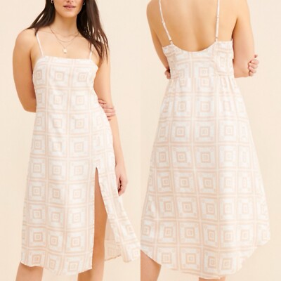 Sancia Manila Midi Dress Medium Tan White Print High Slit Smocked Strapless  Z9