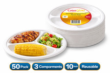 50 White Plastic 3 Compartment Plates 10" Reuseable Picnic Camping Party Plates