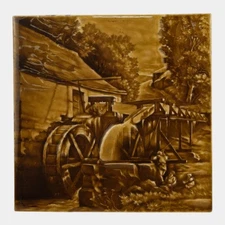 AETCO American Encaustic Tiling Company Brown Ceramic Watermill Pictorial Tile
