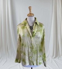 Green Sequin Silk Button Up Blouse Vintage Glam Disco Party Boho Shimmer Size 12