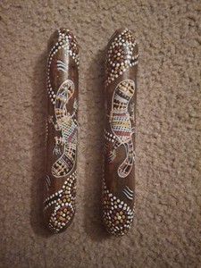Rare Vtg. Australian Aboriginal Music Clap Sticks Painted Signed Indigenous Art.