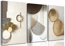 3 Pcs Abstract Gold Geometric Boho Canvas Wall Art Mid Century Modern Minimal...