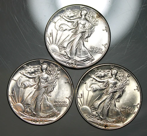 Group of 3, 1941, 1944, & 1945 Walking Liberty Half Dollars - AU/Unc !!