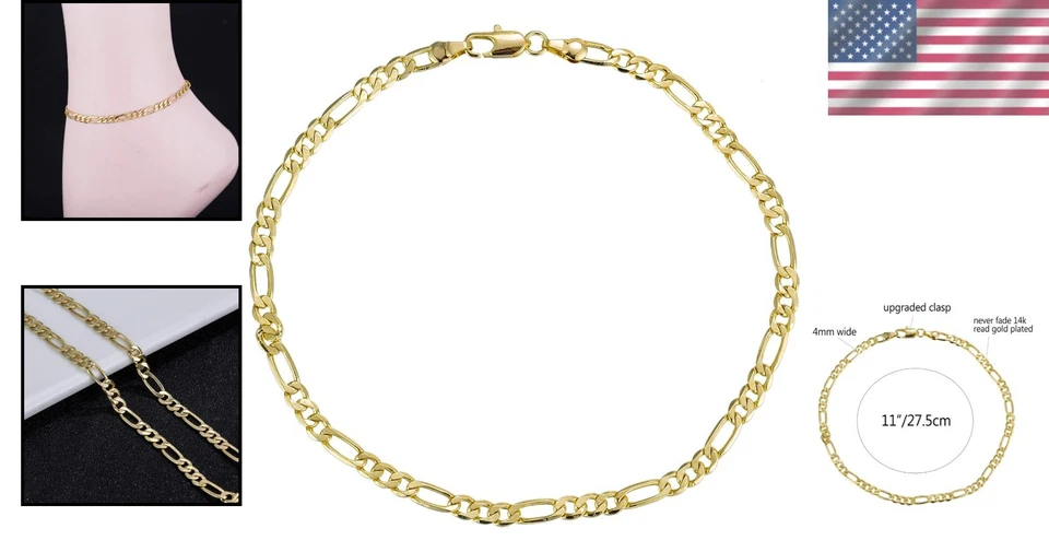 Fashionable 4mm Figaro Chain Anklet in 14K Gold - Stylish and Tarnish-Resistant - Image 2 of 4