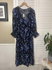 Talbots Dress Womens 1X Plus Black Blue Floral Midi Smocked V-Neck 3/4 Sleeve