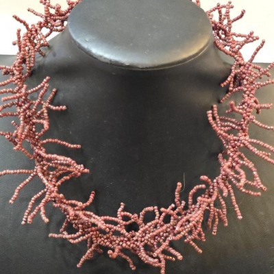 Red Beaded Fringe Necklace 16in Coral Branch Statement Sea Life Toggle Jewelry