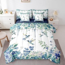 Birds Vine Queen Comforter Set 7-Piece, Boho Leaves Petals Bedding Accessorie...