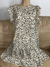 Women leopard print ruffled flutter sleeve keyhole back mini dress M/L