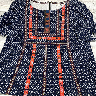 Akemi Kin Anthropologie Navy Aztec Diamond w/ Hot Pink Embroidery Top Sz Small S