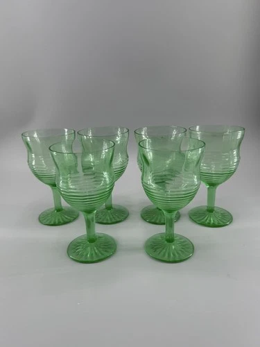 Vintage Anchor Hocking Circle Uranium Green Water Wine Goblet Glasses Glows Set