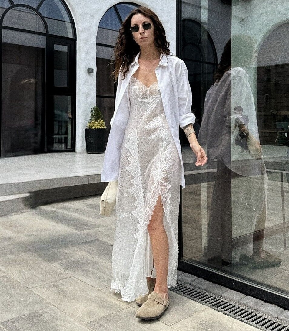 Zara Long Sequin Camisole Lace Dress V-Neck White Silver Size M L 5919/808  New
