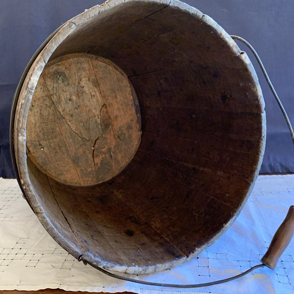 Antique Large Primitive Wooden Bucket Pail Metal Bands Water Bucket