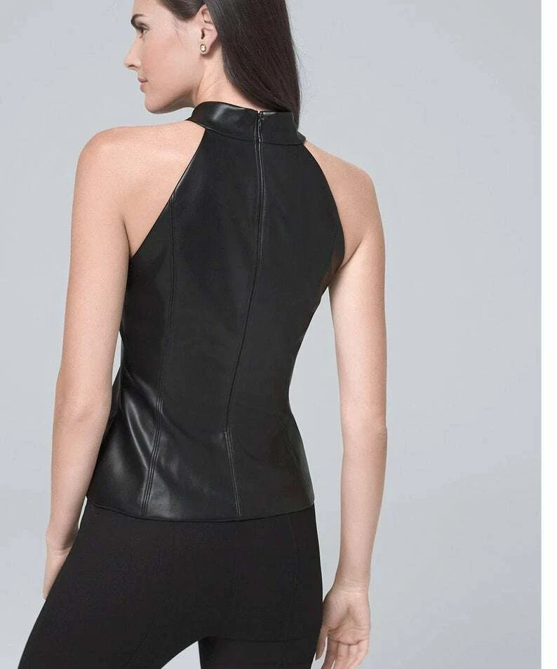 Black Leather Sleeveless Top for Women Real Lambskin Biker Size S M L XL XXL-051 - Image 2 of 4