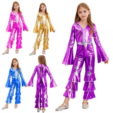 UK Kids Girls Sparkle Metallic Performance Jumpsuit Disco Dance Party Costume