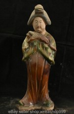 16" Old Chinese Tang Sancai pottery Porcelain stand sevika Woman Sculpture
