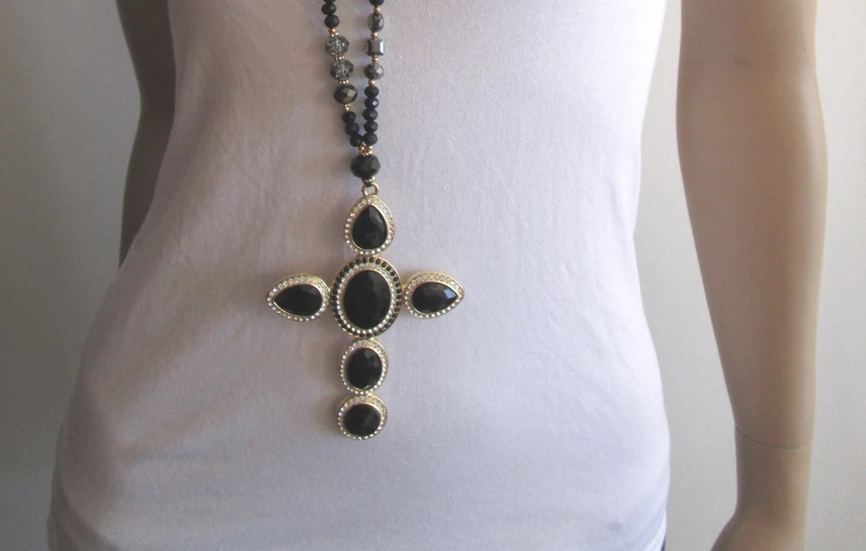 Strass Hals Kette lang Perlen Gold Schwarz Anhänger Mega XL Strass Kreuz Schwarz - Bild 4 von 4