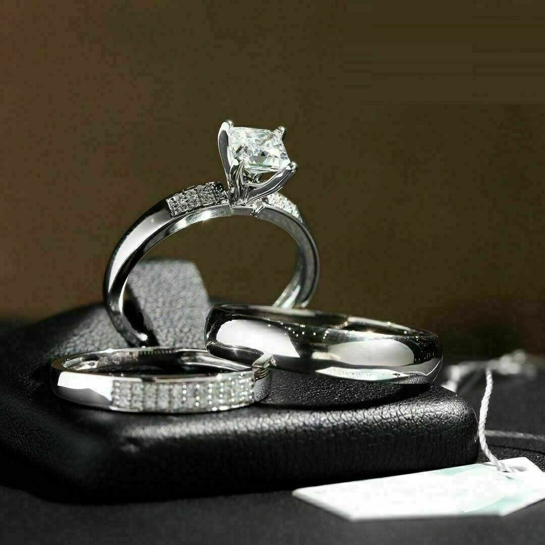 935 Argentium Silver Fine CZ Engagemen His-Her Wedding Bridal Band Trio  Ring Set