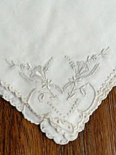 Vintage Handkerchief Hankie Madeira Ecru on White Embroidered Flowers NWT