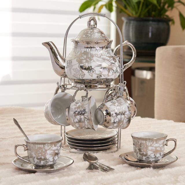 20pc Tea Set Tea Pot 6 Cups Saucers w/Rack Silver tone 3 oz cup Teapot