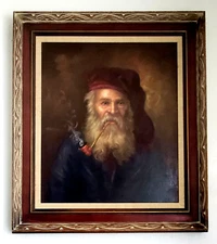ANTIQUE OIL CANVAS FINE PAINTING REMBRANDT STYLE OLD MAN SMOKING PIPE SIGNED