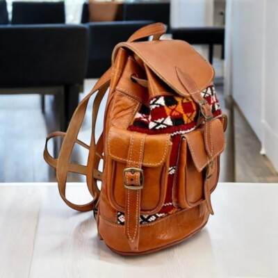 carpet leather backpack Handcrafted Moroccan Kilim Wool Leather Unisex Backpack Carpet Rug Bag  15”x14”