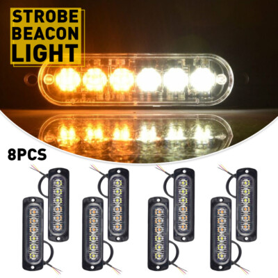 8X Amber/White 6LED Car Truck  Beacon Warning Hazard Flash Strobe Light