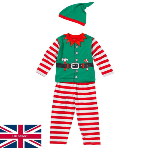 Kinder Jungen Weihnachtsmann kleiner Elfenhelfer! Weihnachtskleid Pyjama & Mütze Set - Bild 1 von 2