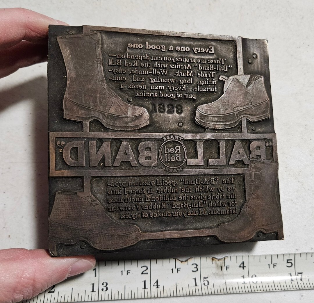 Vintage Letterpress Printing Block Ball Band Red Ball Rubber Boots Shoes
