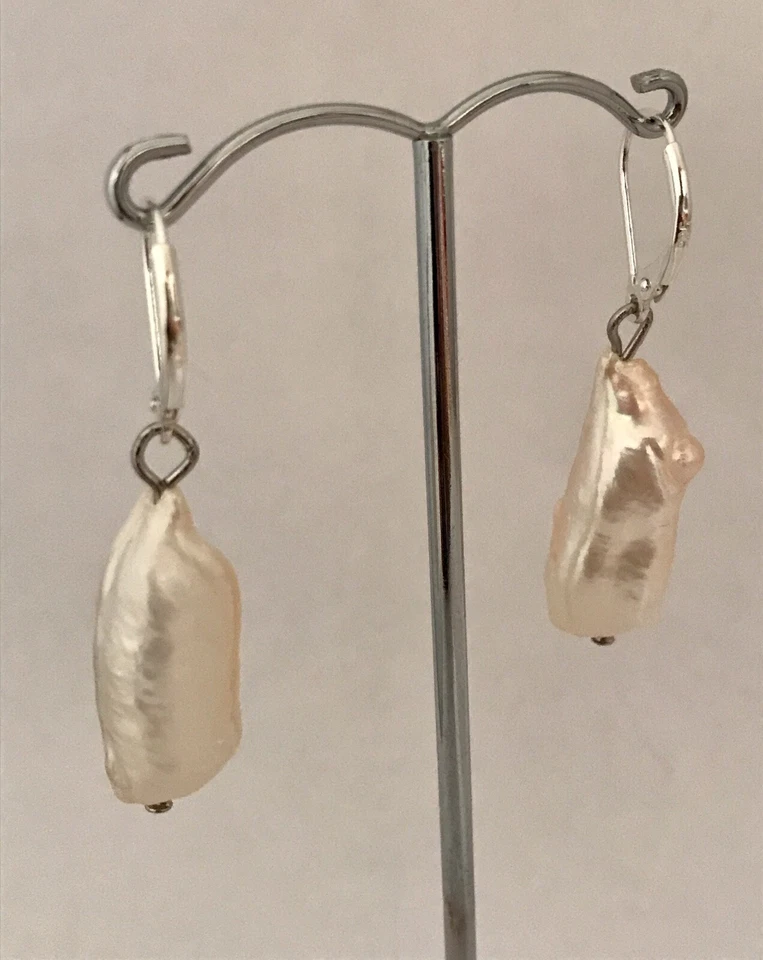 Ohrringe aus Echten Perlen Biwaperlen Barock Stäbchen 22x10x8 mm Apricot / Rosé - Bild 3 von 4