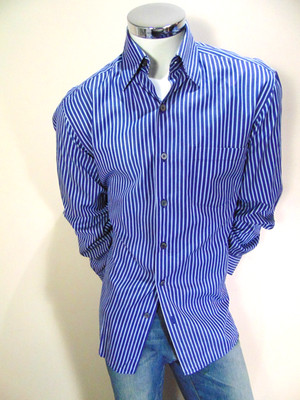 Ermenegildo Zegna Shirt Mens Large Blue Striped Slim Cotton LS Button Down