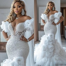 Mermaid Wedding Dress Bridal Gowns Off Shoulder V Neck Sexy Flora Tiered Tulle