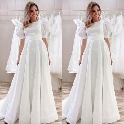 Satin Wedding Dresses Puff Sleeves Elegant White Ivory Simple Bridal Gowns