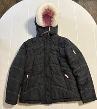 Rothschild Girls Black Pink Hooded Fur Trim Puffer Jacket Size M Full Zip