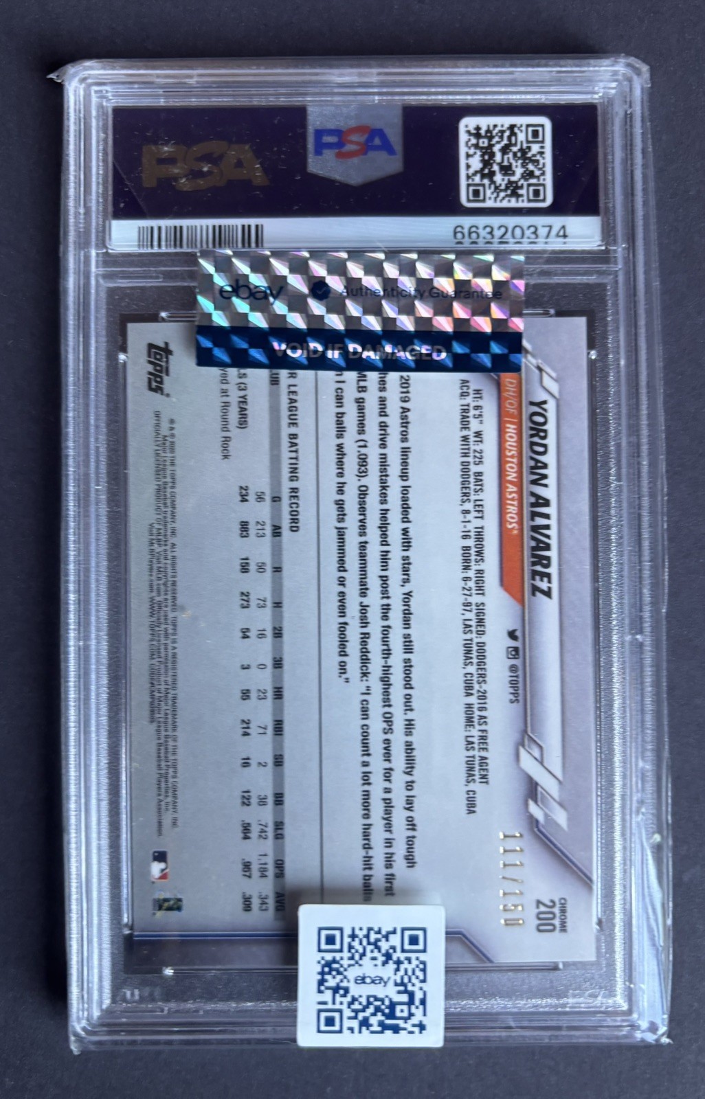 2020 Topps Chrome Blue Refractor 111/150 Yordan Alvarez #200 Rookie RC v9t view 2