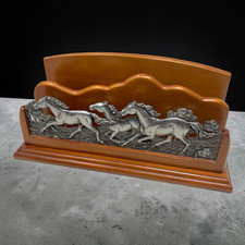 Rustic Western Mail Holder Wood Pewter Horse Desk Organizer Ranch Lodge Decor