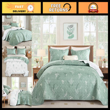 Reversible Sage Green King Quilt Set - Botanical Floral Bedding, 3 Piece Microfi
