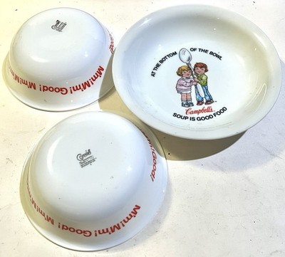 3- lot Campbells Kids Soup Bowl,  Soup is Good Food  Porcelain Anchor, Corelle