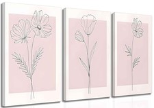 3 Pieces Minimalism Botanical Canvas Wall Arts Line 12x16in-Canvas Pink Flower