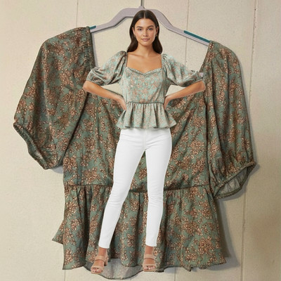 Womens Peplum Blouse Light Teal Floral Puff Sleeve Square Neck Romantic Chic