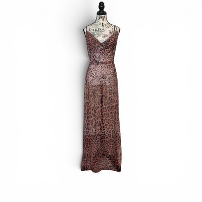 Nova Luxe Maxi Dress Women XL Brown Leopard Sheer Mesh Cowl Neck Open Back