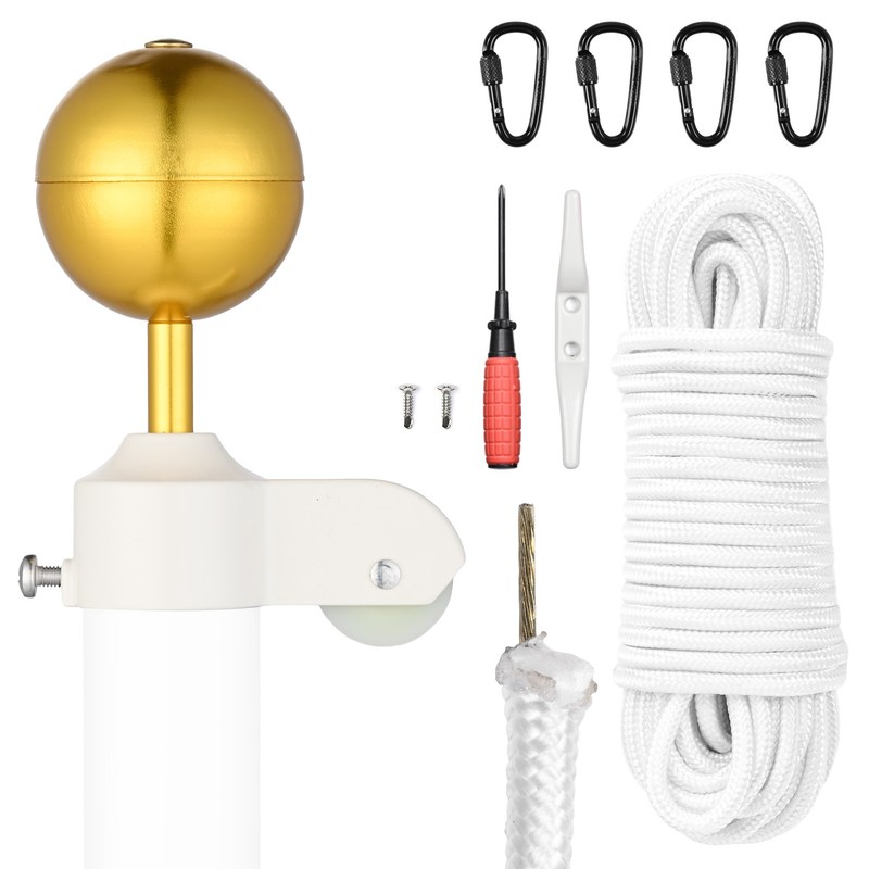 AplusChoice Flagpole Repair Kit 100% Aluminum 3" Gold Ball 50FT Halyard Rope