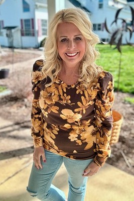 LuLaRoe Mandy Floral Puff Sleeve Brown Yellow Long Sleeve Top Women's XL