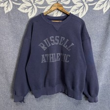 VTG Russell Athletic High Cotton Arch Logo Distressed Faded Blue Sweatshirt XL