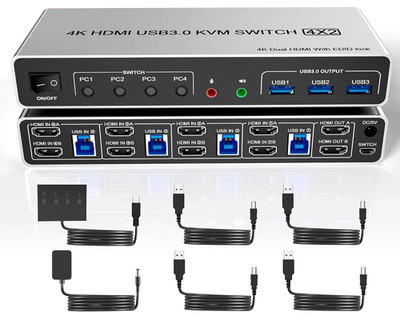 New clickfish USB 3.0 4K HDMI KVM Switch Dual Monitors 4 Computers EDID (KM402C)