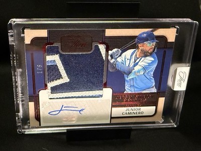 Junior Caminero 2025 Panini Three And Two Jersey Auto Patch Relic Red 1/6 RPA
